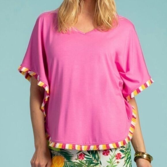 Trina Turk Delfino Fringed Tunic Poncho Top Boho Resort Shirt Vibrant Pink M / L - Picture 1 of 12